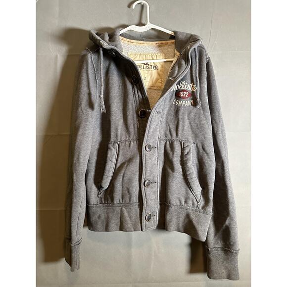 Hollister Jacket Womens Small Gray Sherpa Lined Hooded Button Up Sweatshirt Coat - Picture 1 of 7